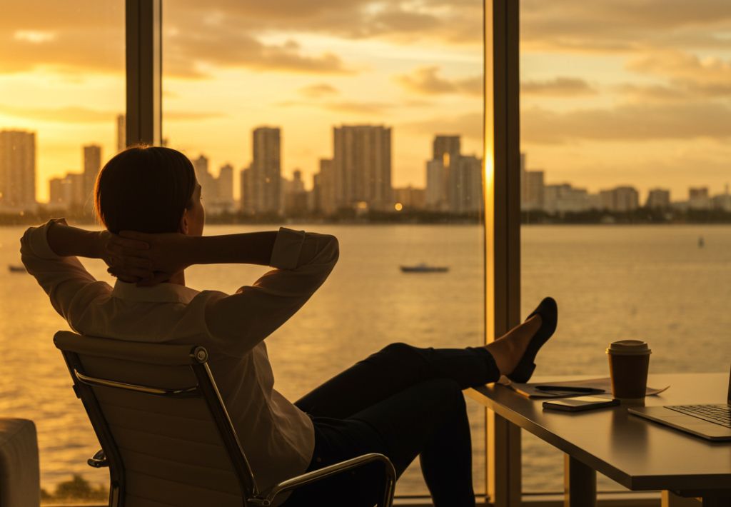 A person sits in an office chair with hands behind their head, gazing out a window at a city skyline and water during sunset—perhaps envisioning their dream space crafted by an architecture firm. A desk with coffee, tablet, and notebook is in the foreground.