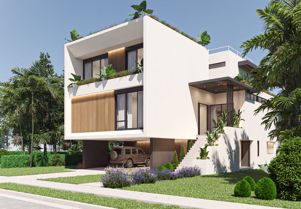 Modern white two-story house with large windows, rooftop plants, wooden accents, and a car parked in a covered driveway; surrounded by greenery and palm trees under a clear blue sky.