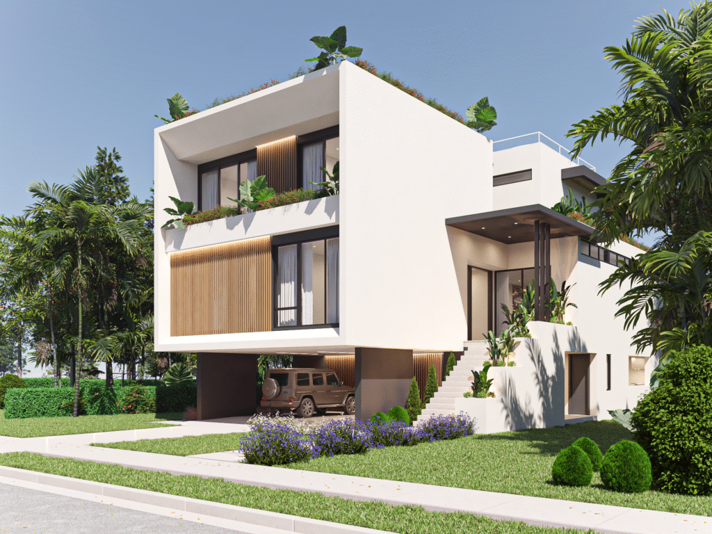 Modern white two-story house with large windows, wood accents, and rooftop plants designed by a Florida Keys architect; a car is parked under the elevated section, and the property is surrounded by lush greenery and palm trees on a sunny day.