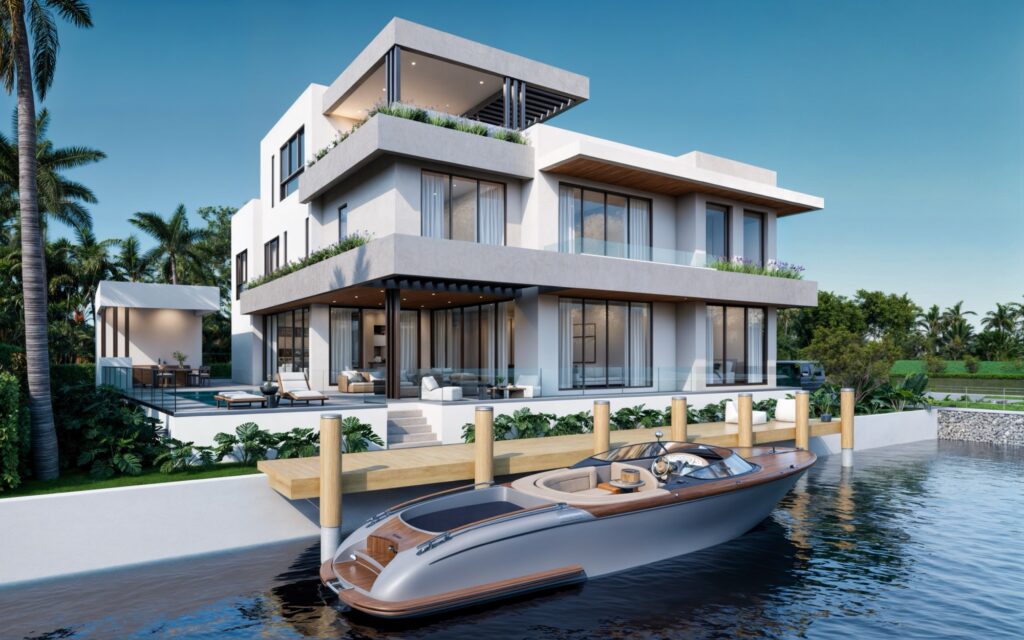 A modern, multi-story luxury house designed by a renowned Florida Keys architect features large glass windows beside a canal. A sleek yacht is docked at a private pier, with palm trees and lush greenery under a clear blue sky.