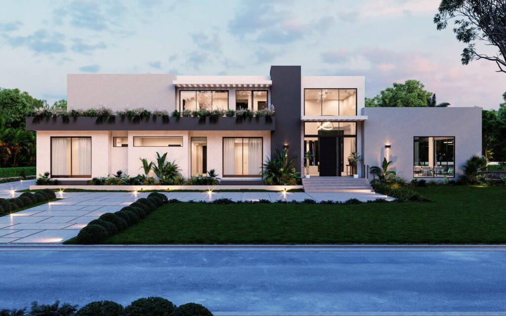 A modern two-story house with large windows and a landscaped front yard showcases Sunstone accents. Clean lines and a mix of white and gray tones are illuminated by pathway lighting, highlighting the greenery in the soft evening light.