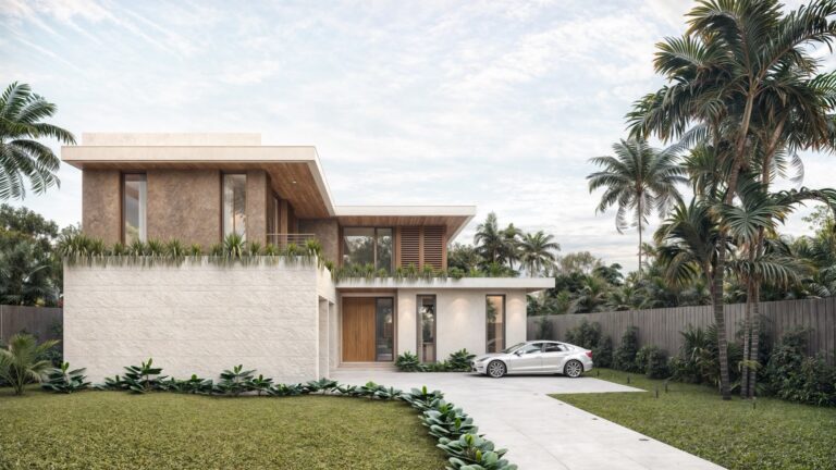 The Woodridge Residence is a modern two-story house with large windows, surrounded by palm trees and a manicured lawn. A white car rests on the driveway leading to the entrance, while the sky above is partly cloudy.