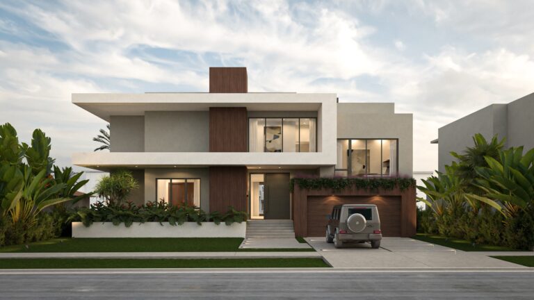 A modern two-story house with large windows, flat roofs, and a mix of white and wood exterior finishes. Lush green plants line the front, and a gray SUV is parked in the driveway under a cloudy sky.
