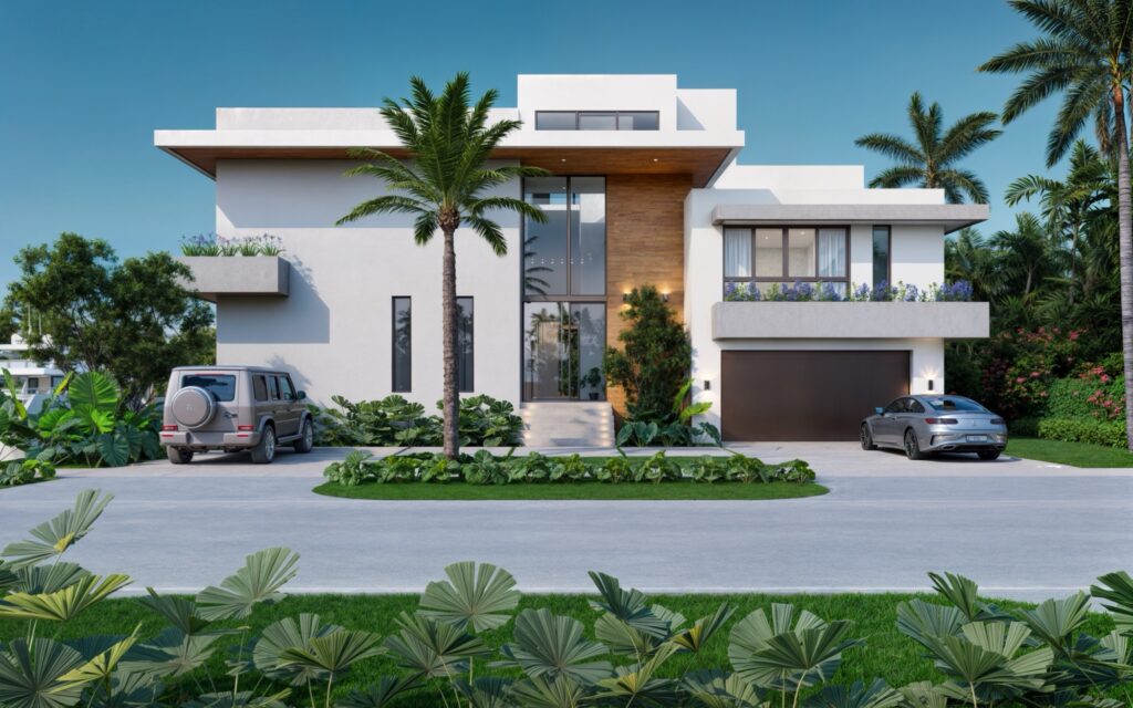 Modern two-story waterfront house with large windows, a mix of white and wood accents, surrounded by tropical plants and palm trees. Two cars are parked in the driveway under a clear blue sky.