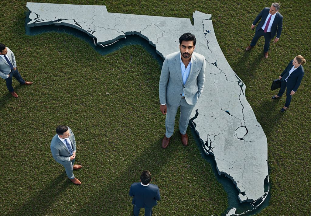 A group of businesspeople in suits stand on grass around and on top of a large map of Florida, with a custom home builder standing prominently in the center of the map.