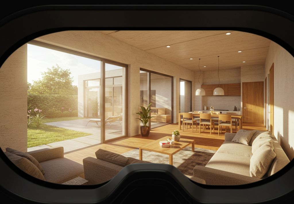 View through VR goggles of a modern living and dining area by a custom home builder, featuring large windows, natural light, wooden furniture, and an outdoor garden. The space has a cozy, contemporary feel.