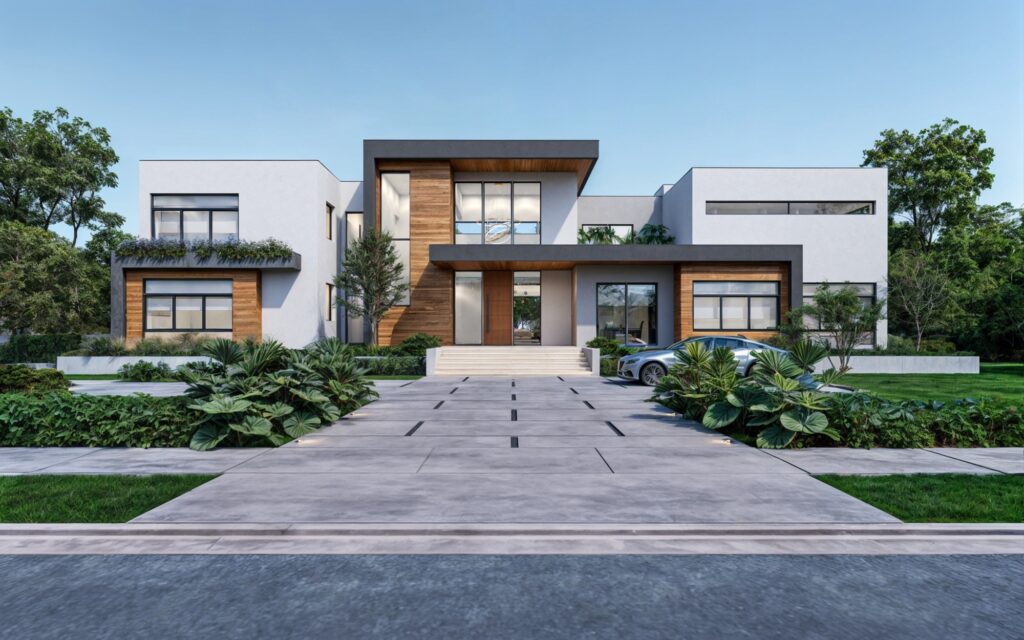 Modern two-story house with large windows, wood and white exterior finishes, flat roof, landscaped plants, a driveway, and a parked car in front, surrounded by greenery and trees.