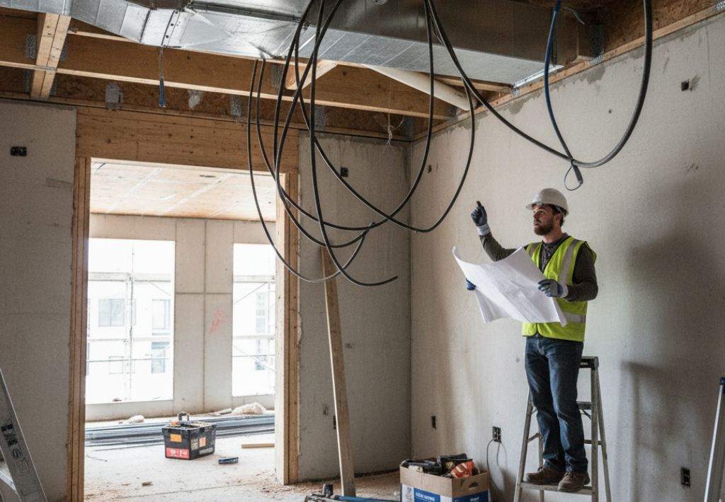 A contractor in a safety vest and hard hat stands on a ladder, holding blueprints and pointing upward at exposed ceiling wires in an unfinished room. This oversight and attention to detail are lost when an investor hires a cheap architect.