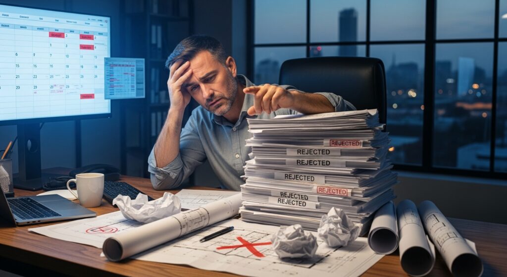 A frustrated cheap architect sits at a desk cluttered with crumpled papers and tall stacks of documents stamped “REJECTED.” He holds his head in one hand, looking stressed, with a calendar and cityscape visible in the background.