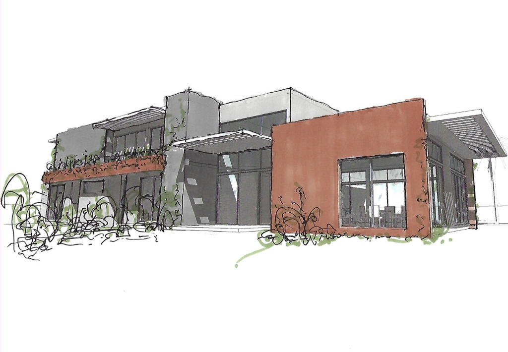 Architectural sketch of a modern two-story building with large windows, a shaded balcony, greenery around the base, and sections of red and gray exterior walls. These types of early design sketches help define ground up new construction.