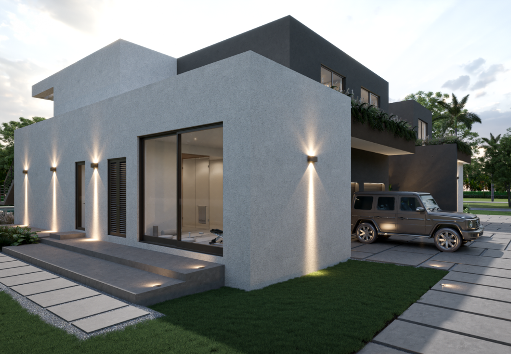 Modern two-story house with white and dark gray exterior walls, large windows, exterior wall lights, and a luxury SUV parked under a carport on a paved driveway surrounded by green lawn and trees after ground up new construction.