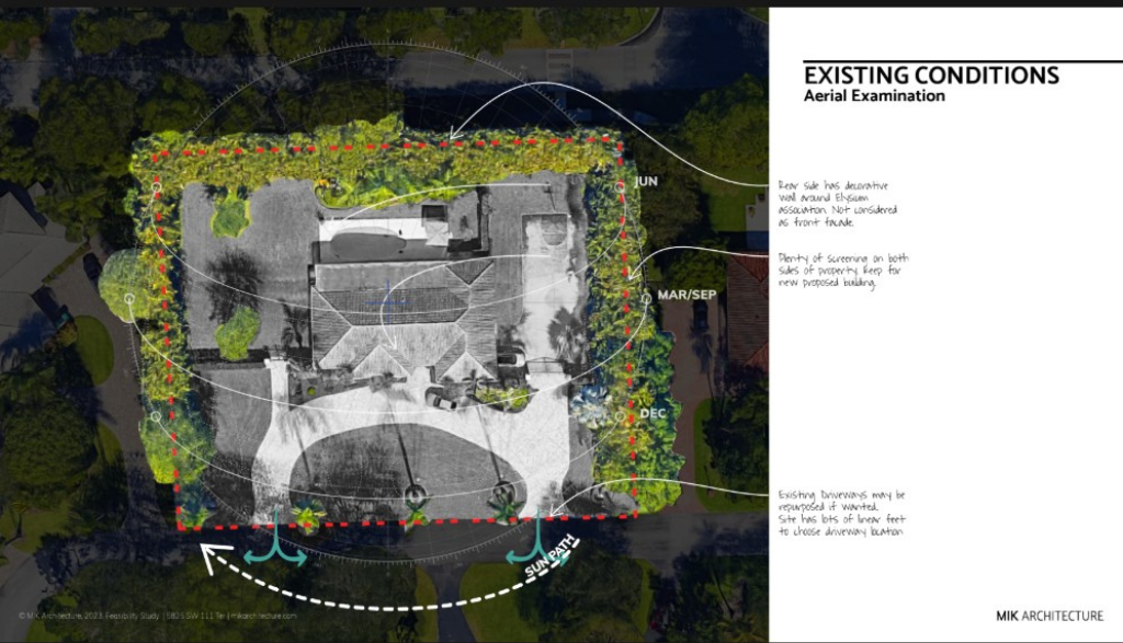 Aerial view diagram of a building site with surrounding trees and landscaping. Annotations indicate sun paths and shade areas during different months. Text explains existing site conditions and landscape features that need to be considered before ground up new construction begins.