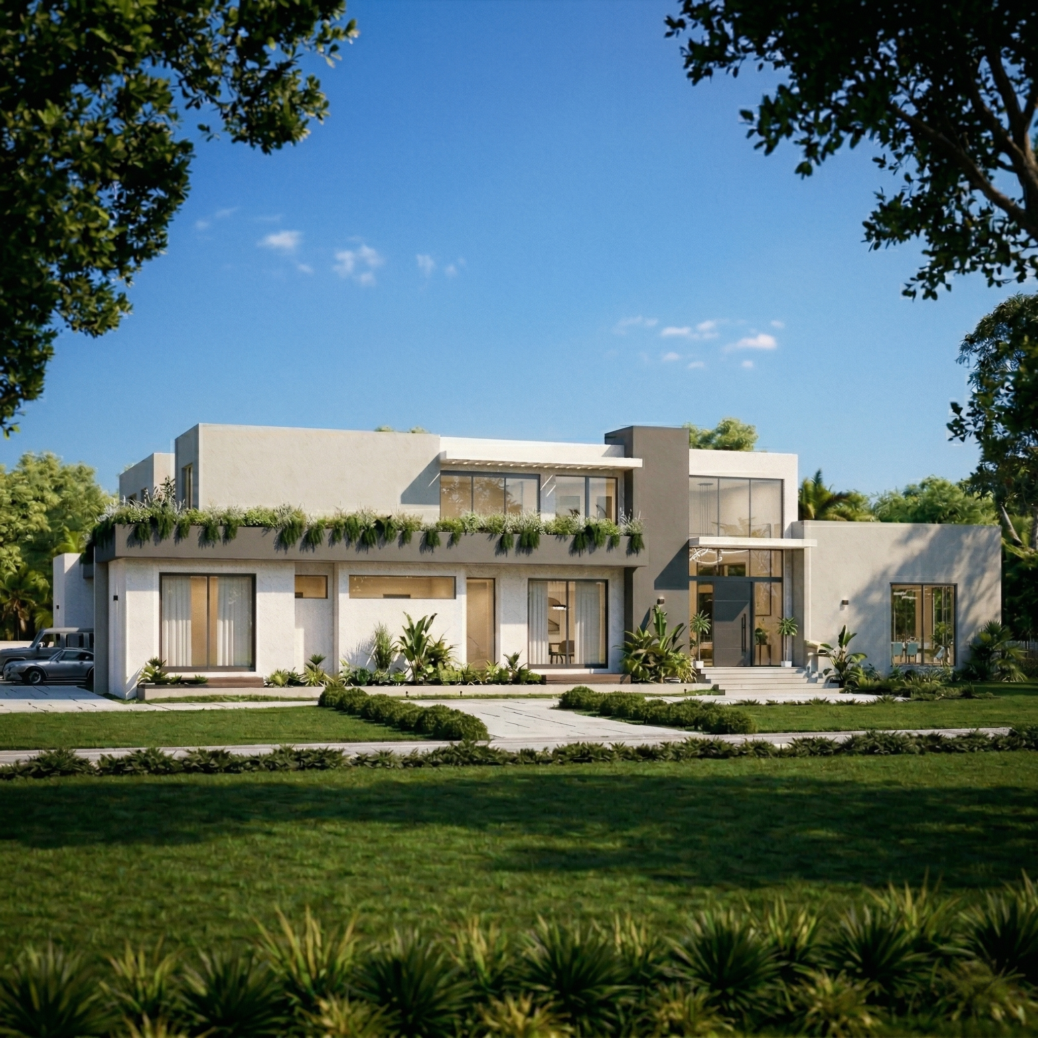 Modern two-story ground up new construction with flat roofs, large windows, greenery on the balcony, and a landscaped yard, set against a clear blue sky and surrounded by trees.