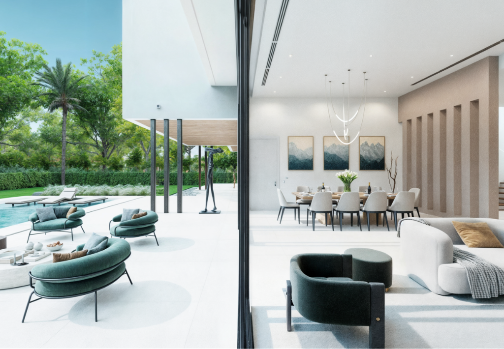 A clean white poolside patio has elegant furnishings thanks to an Interior Designer who also understands how comfort extends to exterior spaces.
