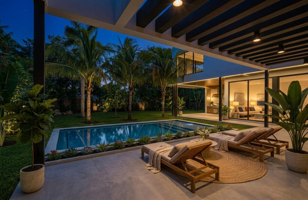 Modern outdoor patio at dusk with two wooden lounge chairs by a rectangular pool, surrounded by tropical plants and palm trees, next to a contemporary glass-walled house with warm indoor lighting. The Patio furniture and detailing compliments what is seen indoors too. This is the work of an Interior Designer who understands structural stories.