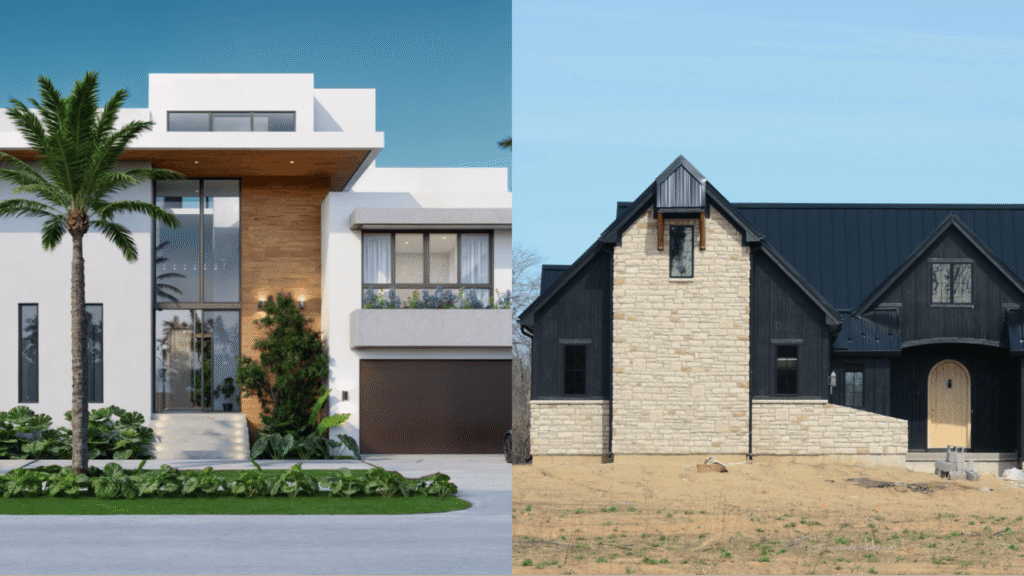 Split image showing a modern white house with palm trees on the left, representing the sleek elegance of luxury homes in Miami, and a traditional stone and black house with a metal roof on the right.