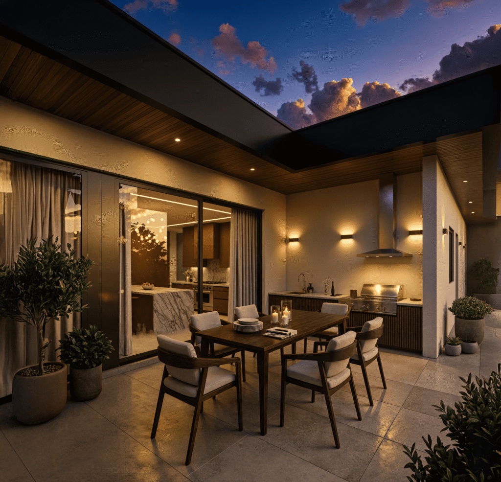 A modern patio at dusk, characteristic of luxury homes in Miami, features a dining table set for six, a built-in grill, potted plants, and warm lighting, with a kitchen visible through sliding glass doors under a dramatic evening sky.