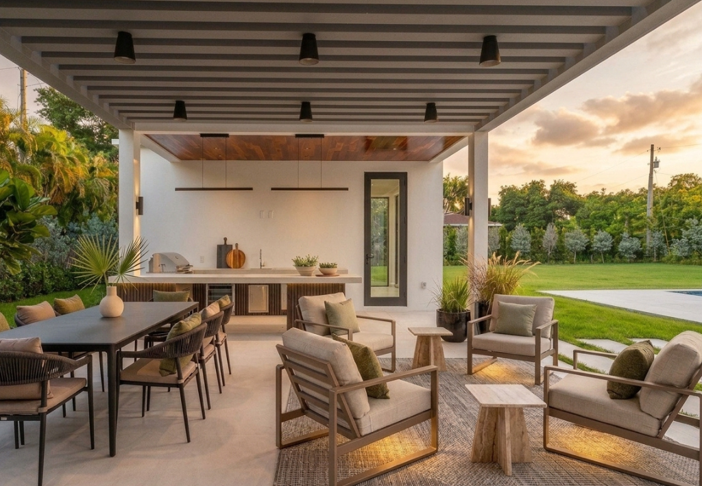 Modern homes have a patio with a covered seating area, lounge chairs, dining table, plants, and a kitchen counter, overlooking a green lawn at sunset.