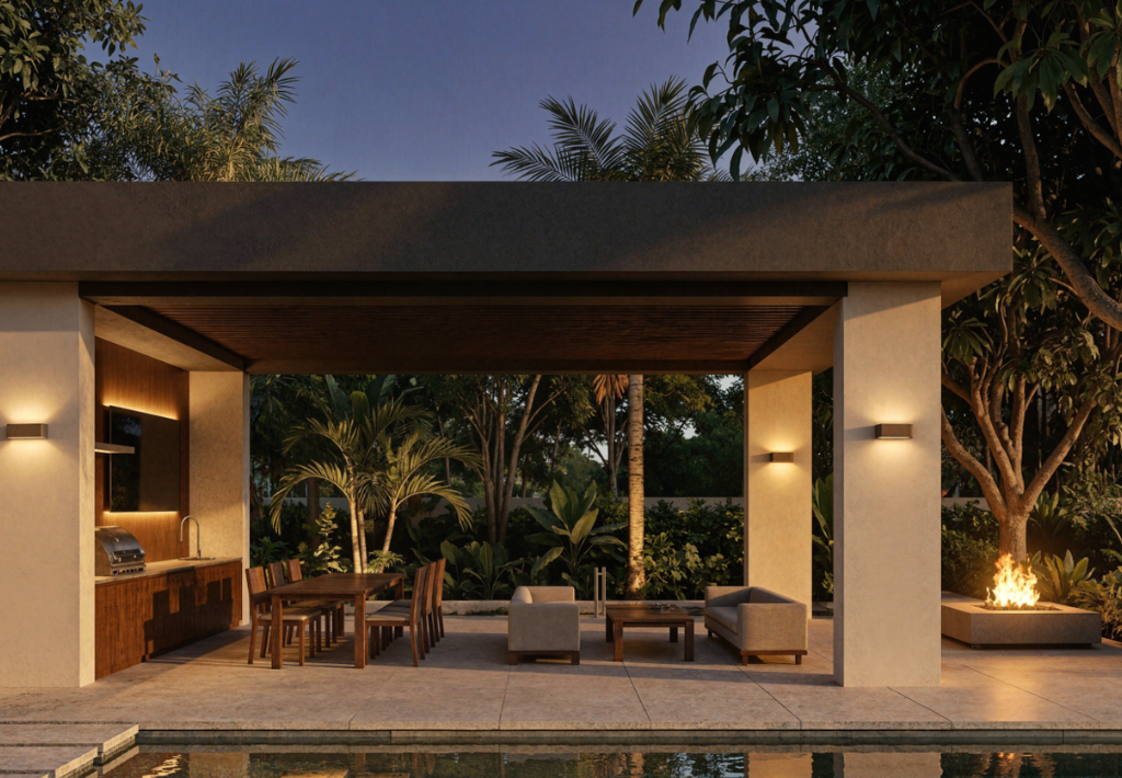 Modern outdoor patio with grill, dining table, lounge chairs, and fire pit, surrounded by lush greenery and palm trees, photographed at dusk next to a swimming pool.