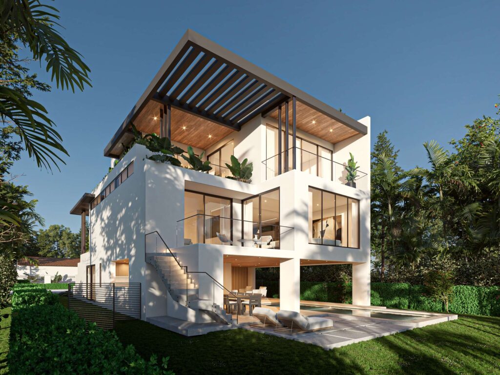 Modern three-story house with large glass windows, outdoor patio, rooftop pergola, and surrounded by greenery and trees under a clear blue sky. This design narrative facilitates life in Miami perfectly. Luxury, safety, and accessibility.