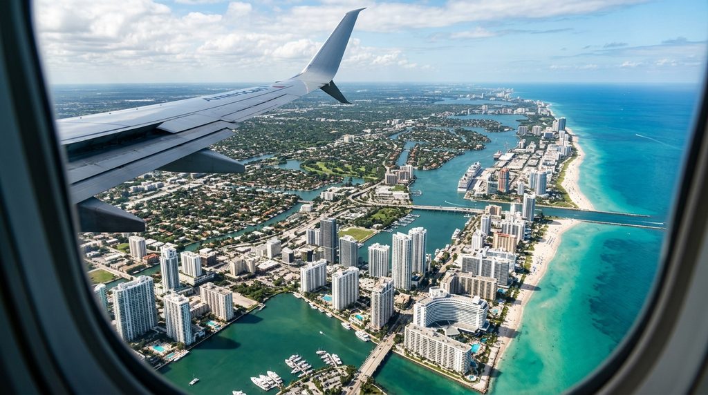 Aerial view of a coastal city with high-rise buildings, luxury homes in Miami, blue water, and sandy beaches, seen through an airplane window on a sunny day.